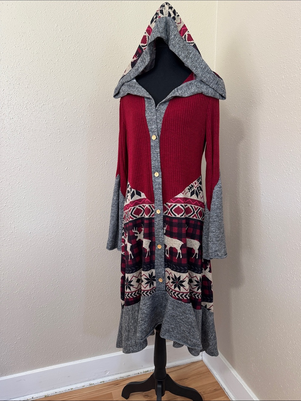 Women's Hooded Long Cardigan Sweater - Red and Gray